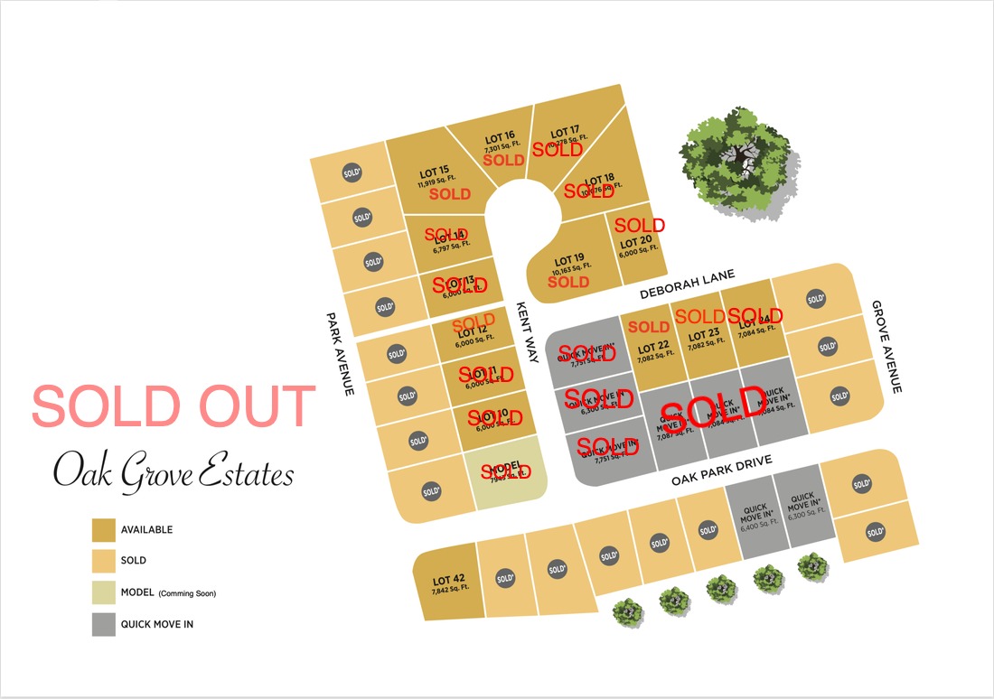 Oak Grove Estates sales lot map marked sold out: every lot stamped SOLD across Kent Way, Deborah Lane and Oak Park Drive